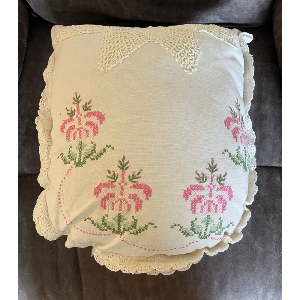 Vintage‎ Handmade Cross Stitch Floral Throw Pillow Cottagecore Shabby Chic Decor